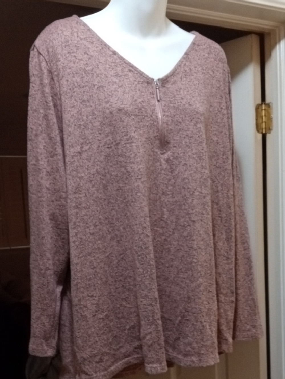 💲3⃣▶▶Zip V-Neck Long Sleeve Top Pink Grey Thru Out zip Front